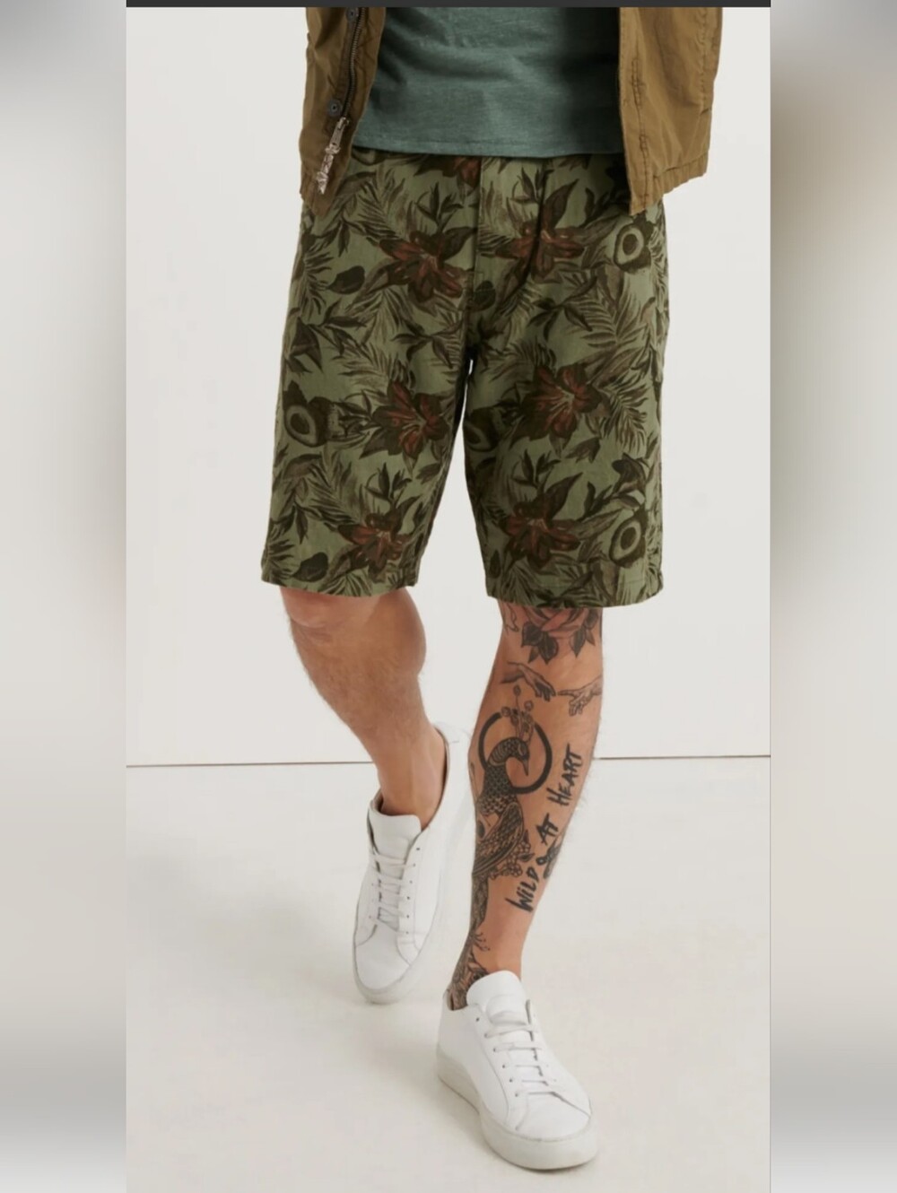 Lucky Brand Mens 34 Avocado Print Flat Front Shorts Olive Green Brown